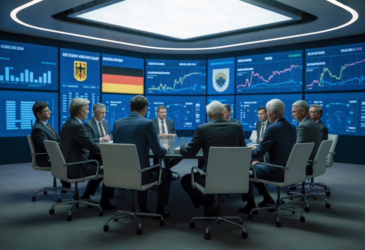 Eine Gruppe von Politikern und Finanzexperten diskutiert ernsthaft um einen Konferenztisch mit Bildschirmen im Hintergrund.