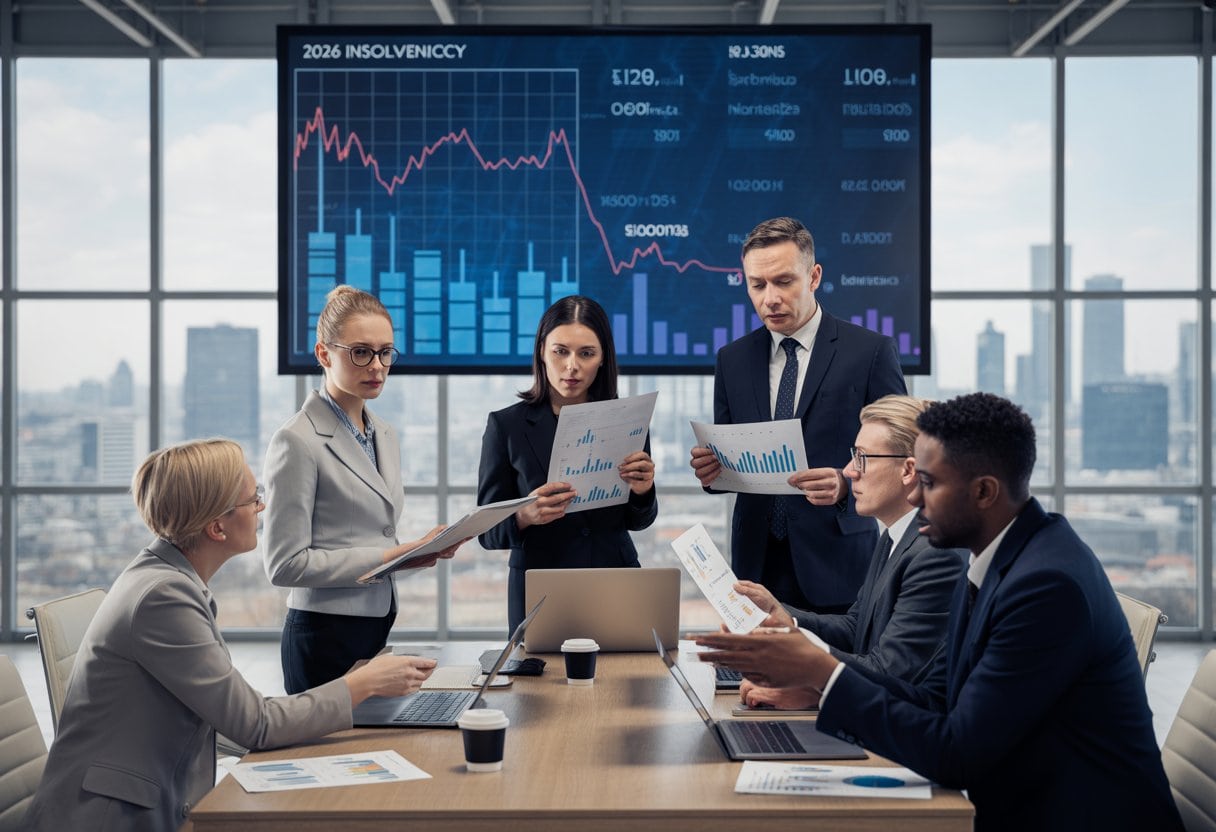 Geschäftsleute in einem modernen Büro besprechen besorgt Finanzberichte mit fallenden Diagrammen, im Hintergrund ein Bildschirm mit Branchenübersicht.