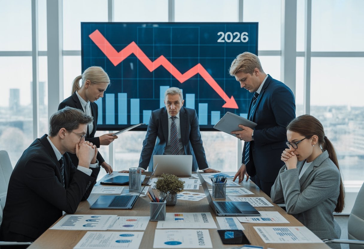 Geschäftsleute in einem modernen Büro besprechen besorgt Finanzdaten mit fallenden Diagrammen im Hintergrund.