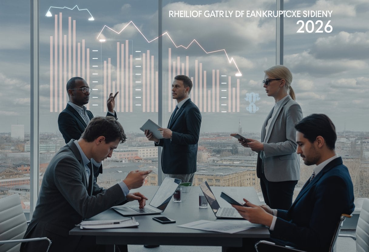 Geschäftsleute analysieren Finanzdaten in einem modernen Büro mit Blick auf eine deutsche Stadt und Industriegebäude im Hintergrund.