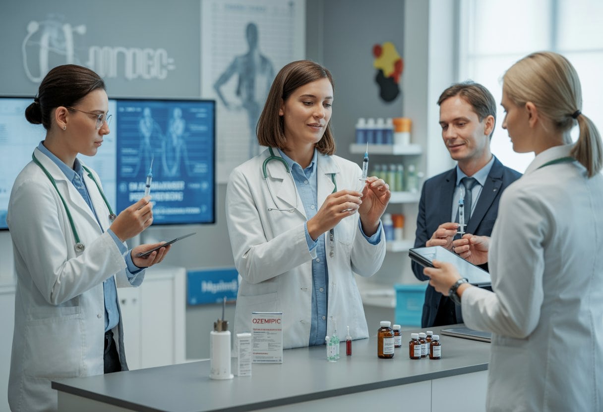 Gesundheitsexperten bereiten in einer modernen Apotheke Injektionsmedikamente vor und besprechen deren Einsatz zur Gewichtsreduktion.
