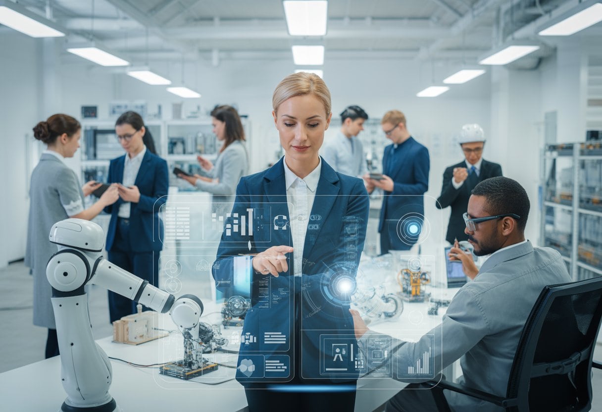 Menschen in einem modernen Büro arbeiten zusammen mit KI-Technologie und Robotern.