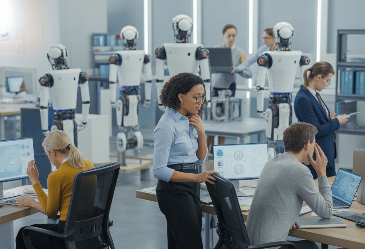 Menschen in einem modernen Büro, einige arbeiten an Computern, andere schauen nachdenklich, während im Hintergrund Roboter Aufgaben ausführen.