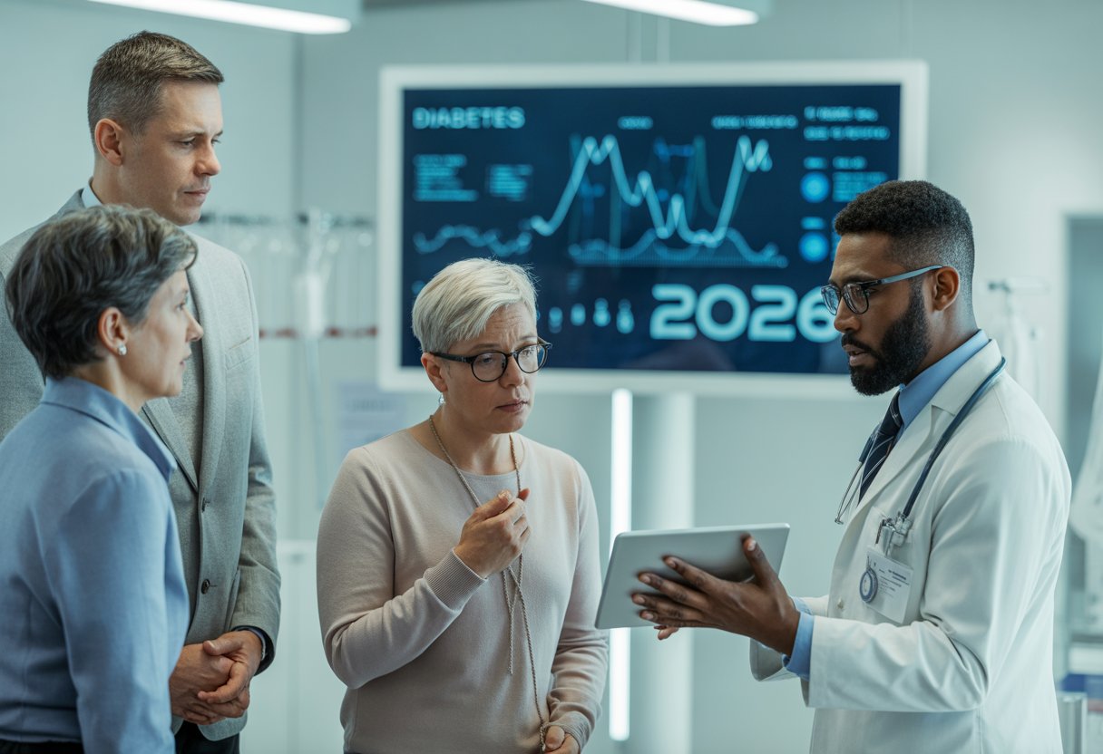 Ein Arzt erklärt einem Patienten medizinische Daten in einer modernen Klinik, im Hintergrund sind Grafiken zur steigenden Zahl von Diabetesfällen zu sehen.