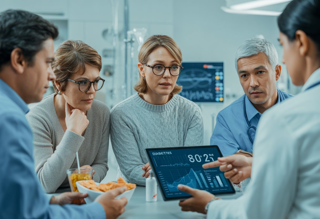 Eine Gruppe von Erwachsenen in einer modernen Arztpraxis, die mit medizinischem Personal über Gesundheitsdaten zu Diabetes spricht.