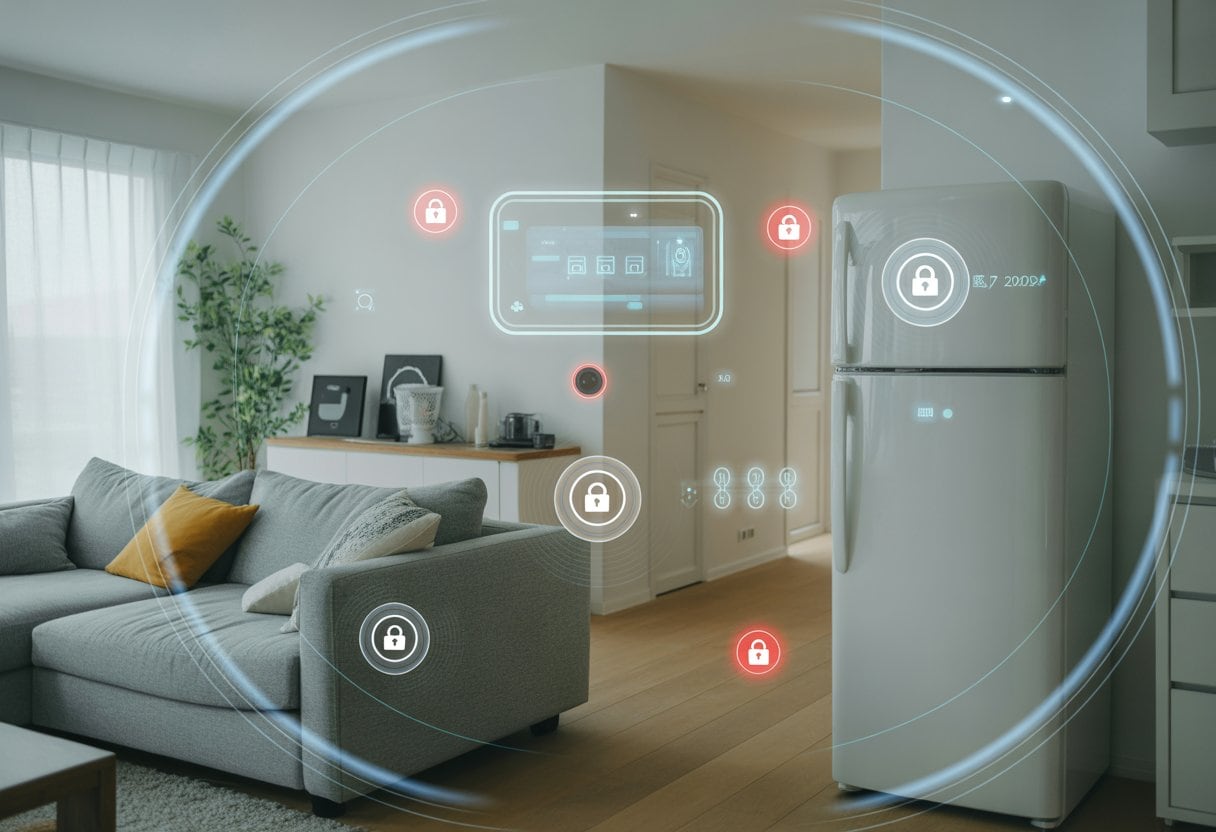 Ein modernes Wohnzimmer mit vernetzten Haushaltsgeräten wie Thermostat, Sicherheitskamera und Lautsprecher, die drahtlos verbunden sind.