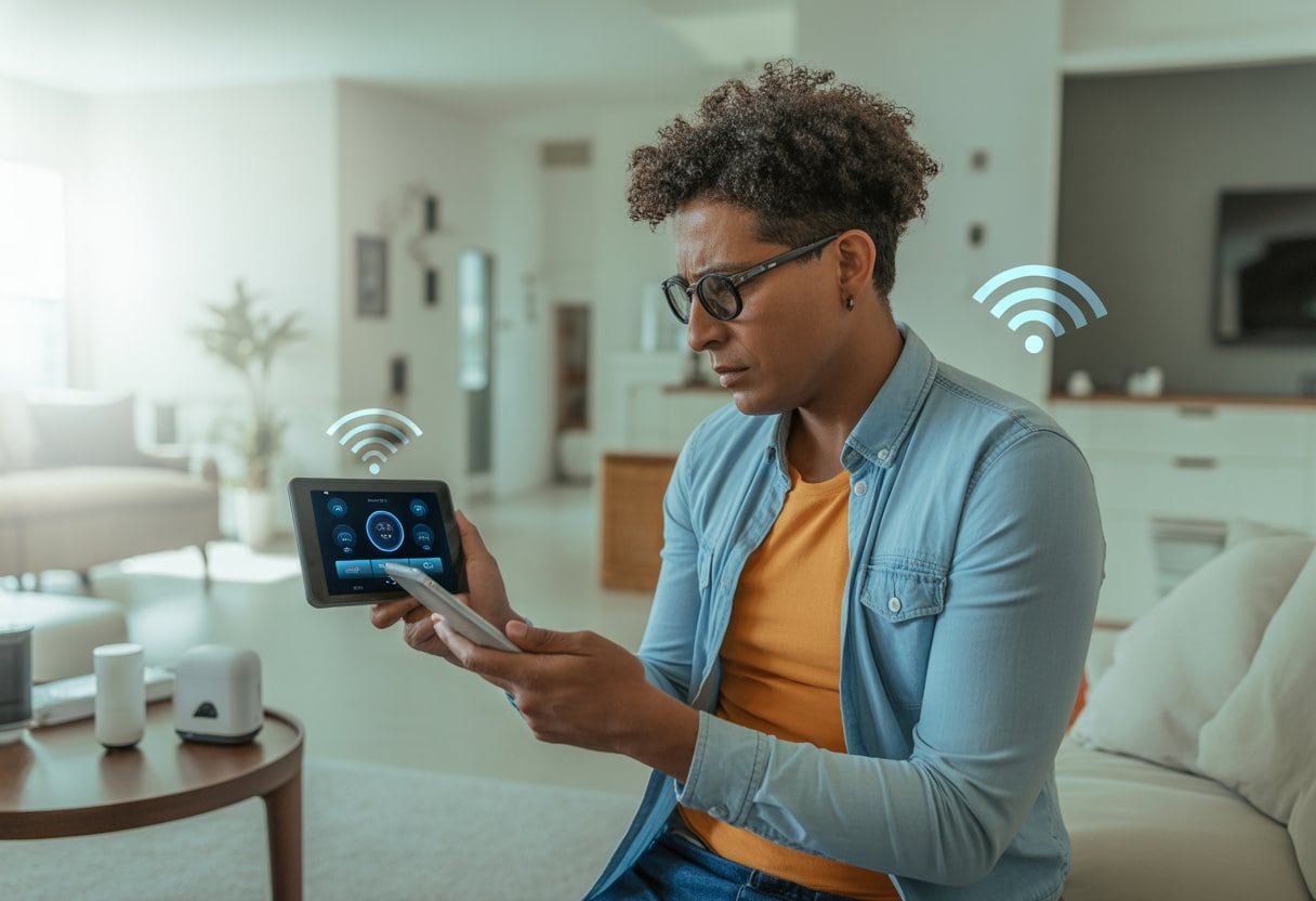 Ein moderner Wohnraum mit mehreren vernetzten Smart-Home-Geräten, eine Person überprüft besorgt Sicherheitswarnungen auf einem Tablet.