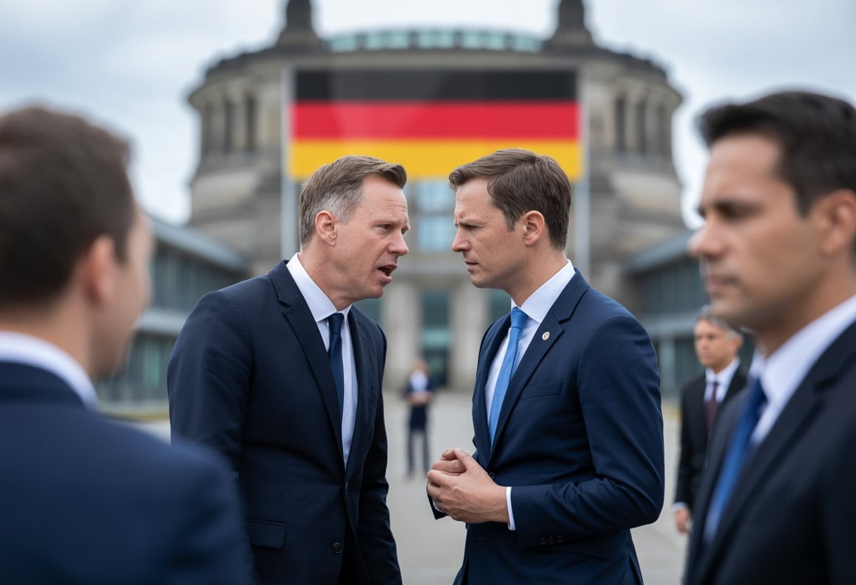 Zwei ernsthafte Politiker in Anzügen diskutieren vor einem Regierungsgebäude mit deutscher Flagge, umgeben von Beratern und Journalisten.