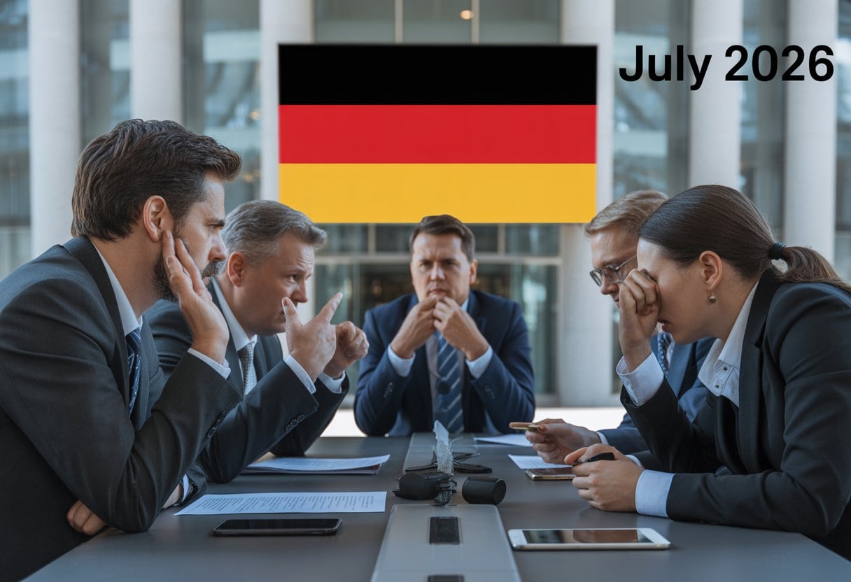 Politiker und Berater diskutieren angespannt vor einem Regierungsgebäude mit deutscher Flagge.