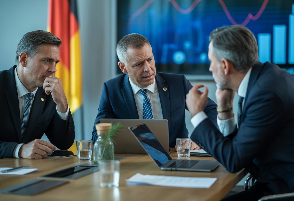 Drei deutsche Politiker in einem Konferenzraum führen eine ernste Diskussion während einer Koalitionskrise.