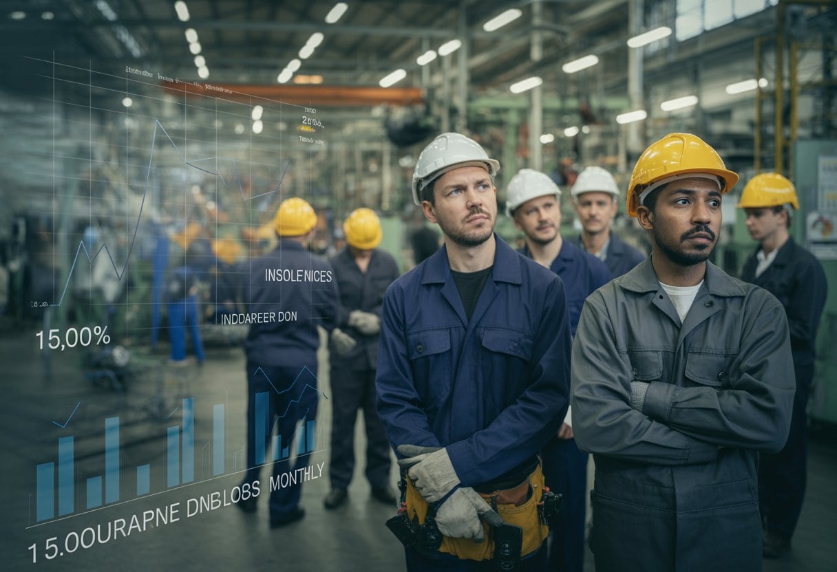 Arbeiter in einer Fabrik mit besorgten Gesichtern, einige verlassen den Arbeitsplatz, im Hintergrund Industrieanlagen und angedeutete Diagramme.