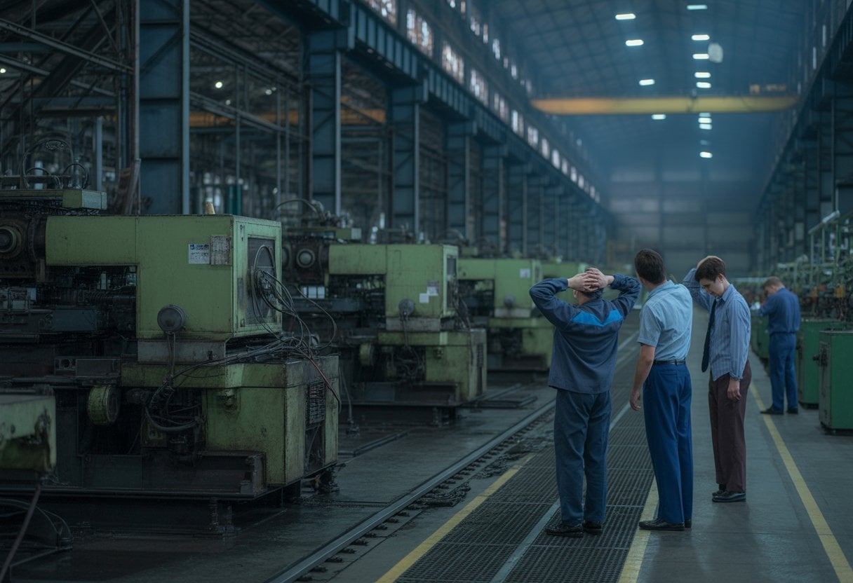 Leere Fabrikhalle mit stillstehenden Maschinen und besorgten Industriearbeitern.
