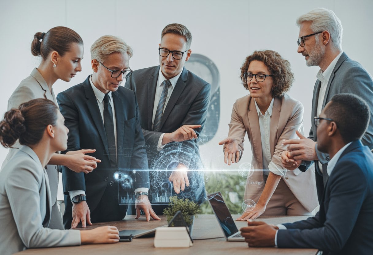 Ein vielfältiges Führungsteam entwickelt gemeinsam in einem modernen Büro neue Strategien.