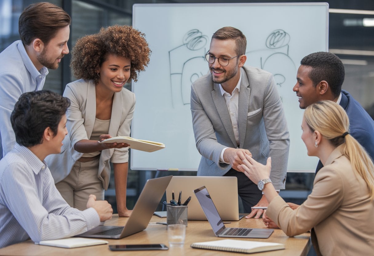 Eine diverse Arbeitsgruppe entwickelt gemeinsam Ideen, während die Führungskraft aufmerksam zuhört und die Zusammenarbeit unterstützt.