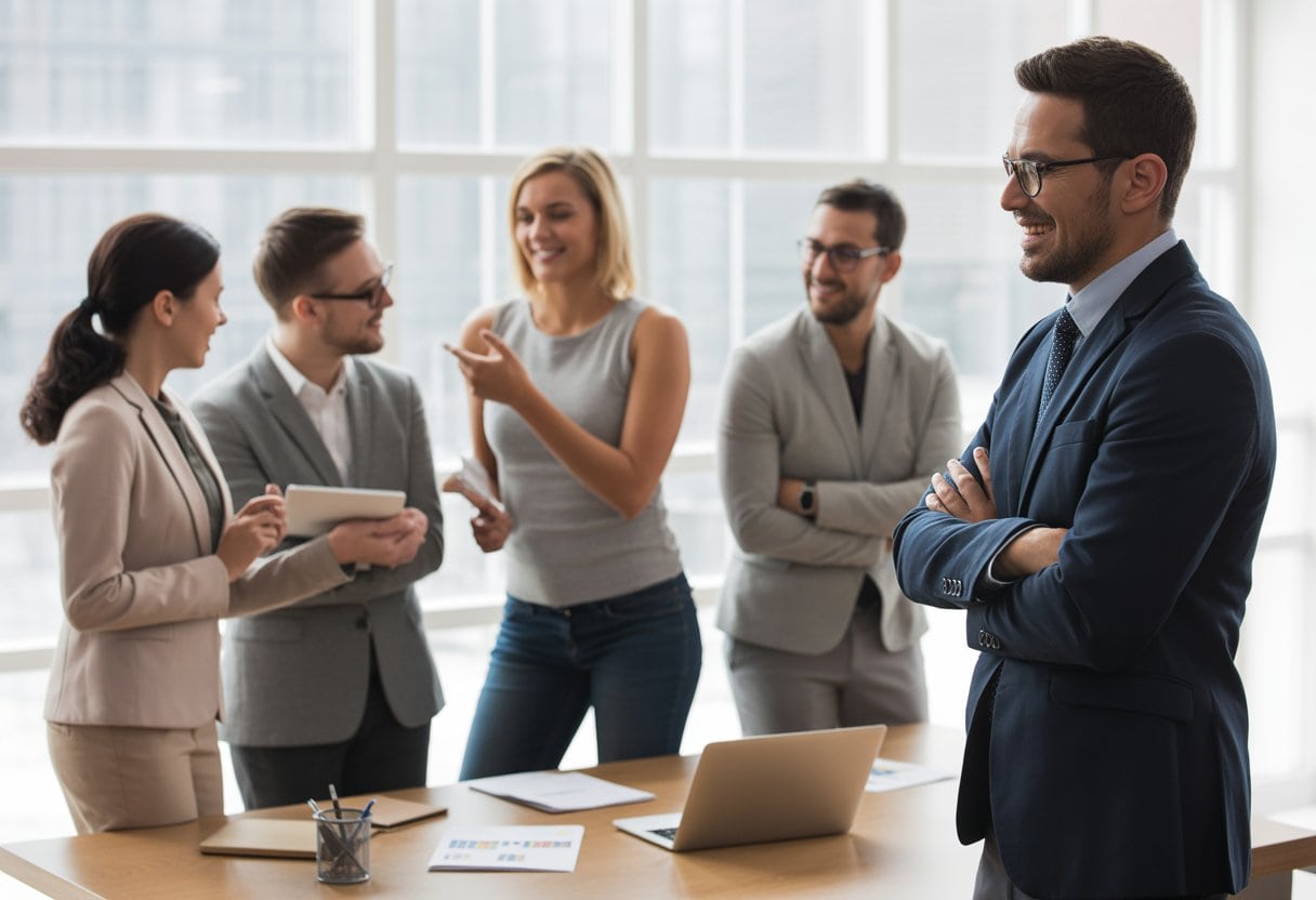 Eine Führungskraft unterstützt ein vielfältiges Team, das eigenständig und gemeinsam an einem modernen Arbeitsplatz arbeitet.