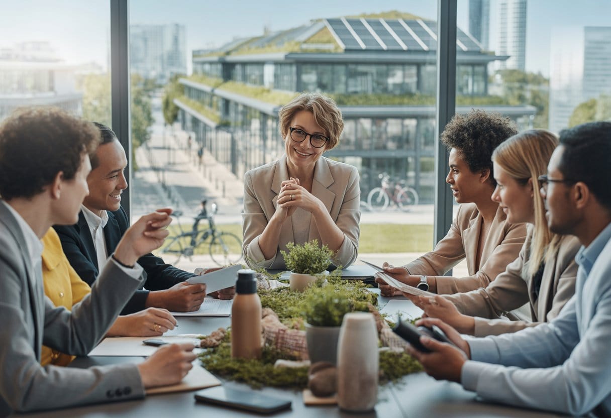 Eine vielfältige Gruppe von Berufstätigen entwickelt gemeinsam mit einer einfühlsamen Führungskraft Ideen in einem nachhaltigen, modernen Büro.