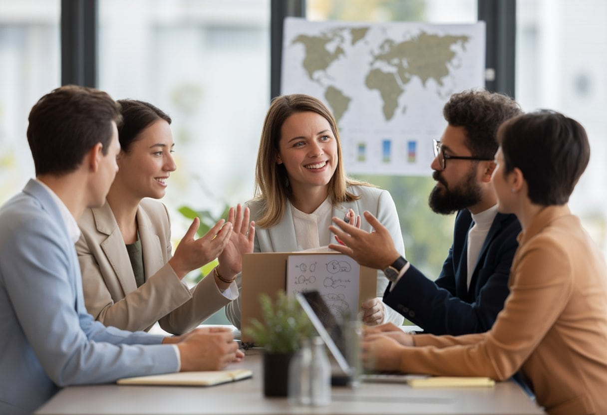 Ein vielfältiges Führungsteam bespricht gemeinsam Ideen in einem hellen, modernen Büro.