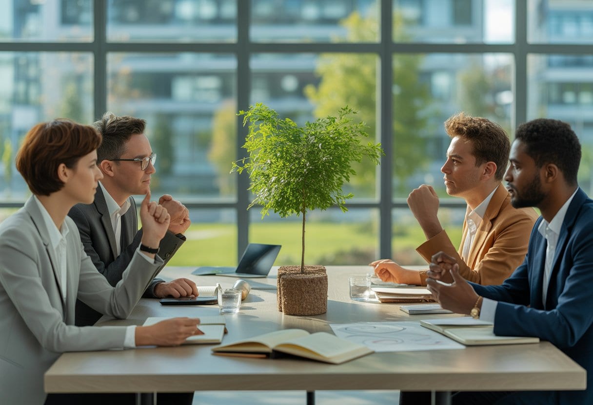Vielfältiges Führungsteam entwickelt gemeinsam in einem modernen Büro eine nachhaltige Zukunftsstrategie.